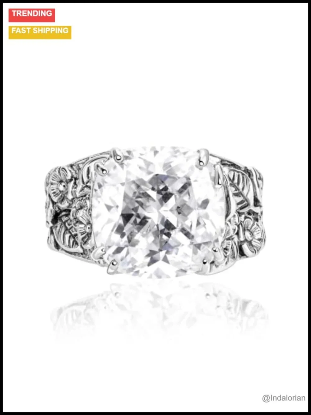 925 Sterling Silver Statement Ring Cushion Cubic Zirconia Floral Leaf Vintage